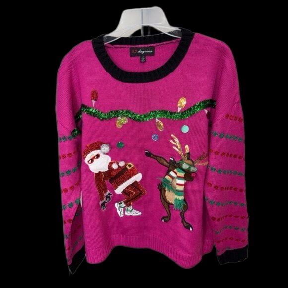 Ugly Sweater Pink Christmas wear with Santa and Reindeer dancing - Picture 1 of 5